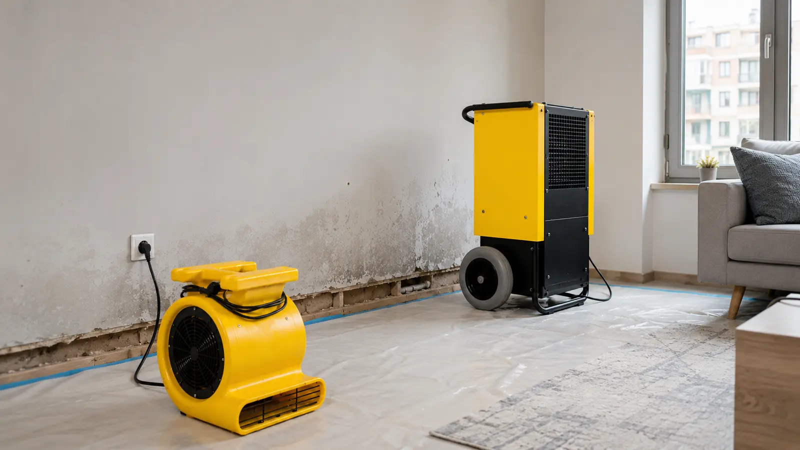 Professional Moisture Drying in a Home Nemeks dehumidifier and air mover used for moisture drying in a home