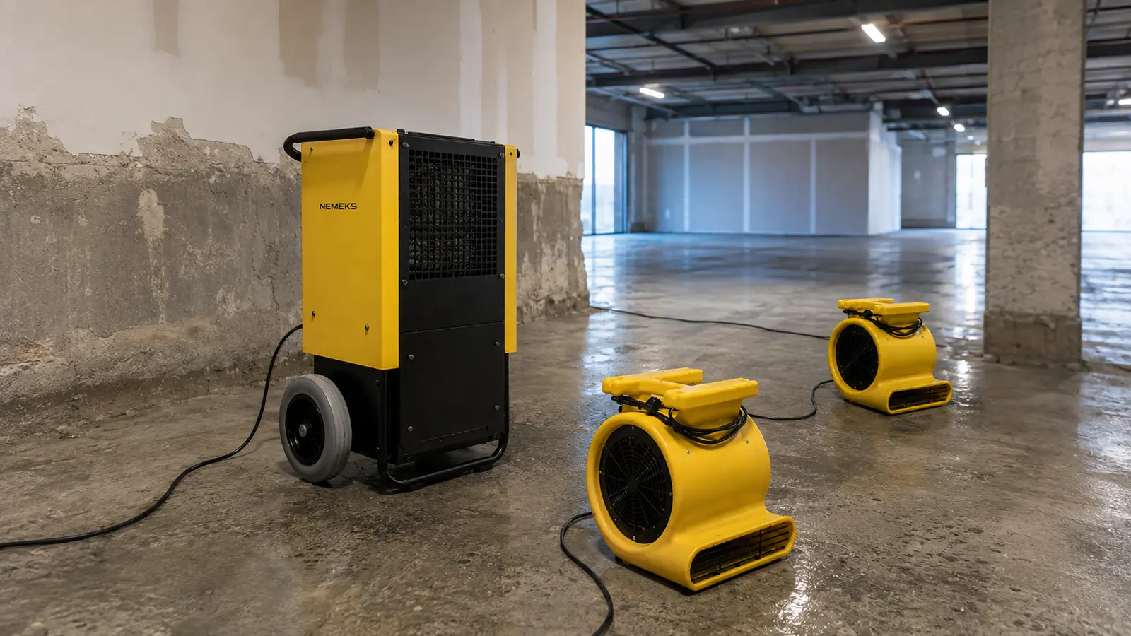 Commercial Area Moisture Drying Nemeks dehumidifier and air movers drying a commercial interior