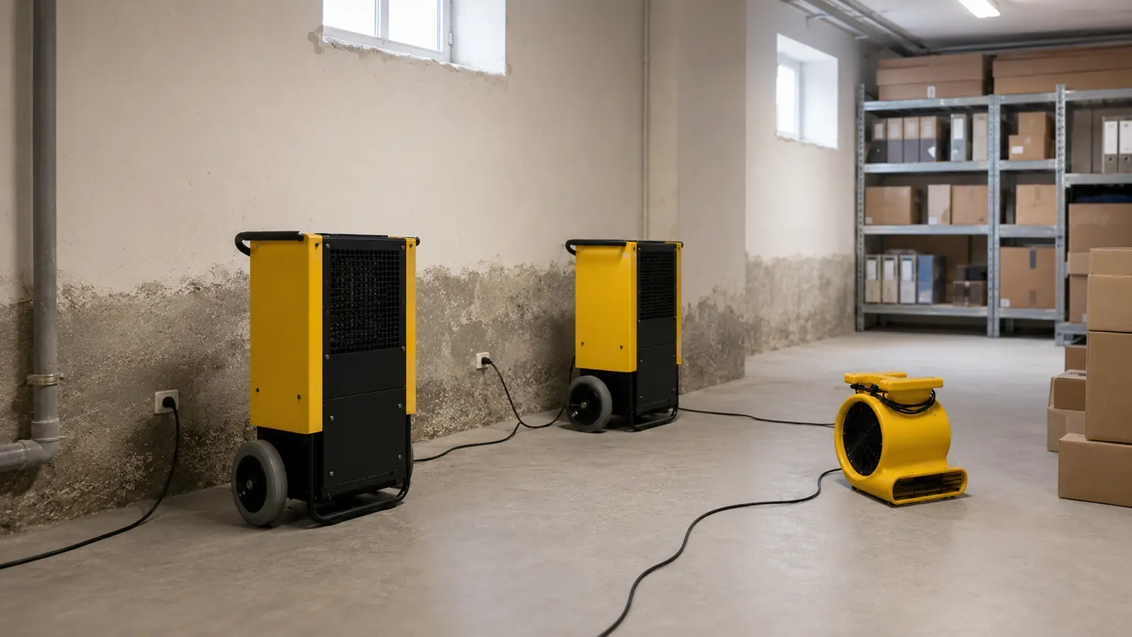 Basement and Commercial Damp Drying Nemeks industrial dehumidifiers drying dampness in a basement or commercial area