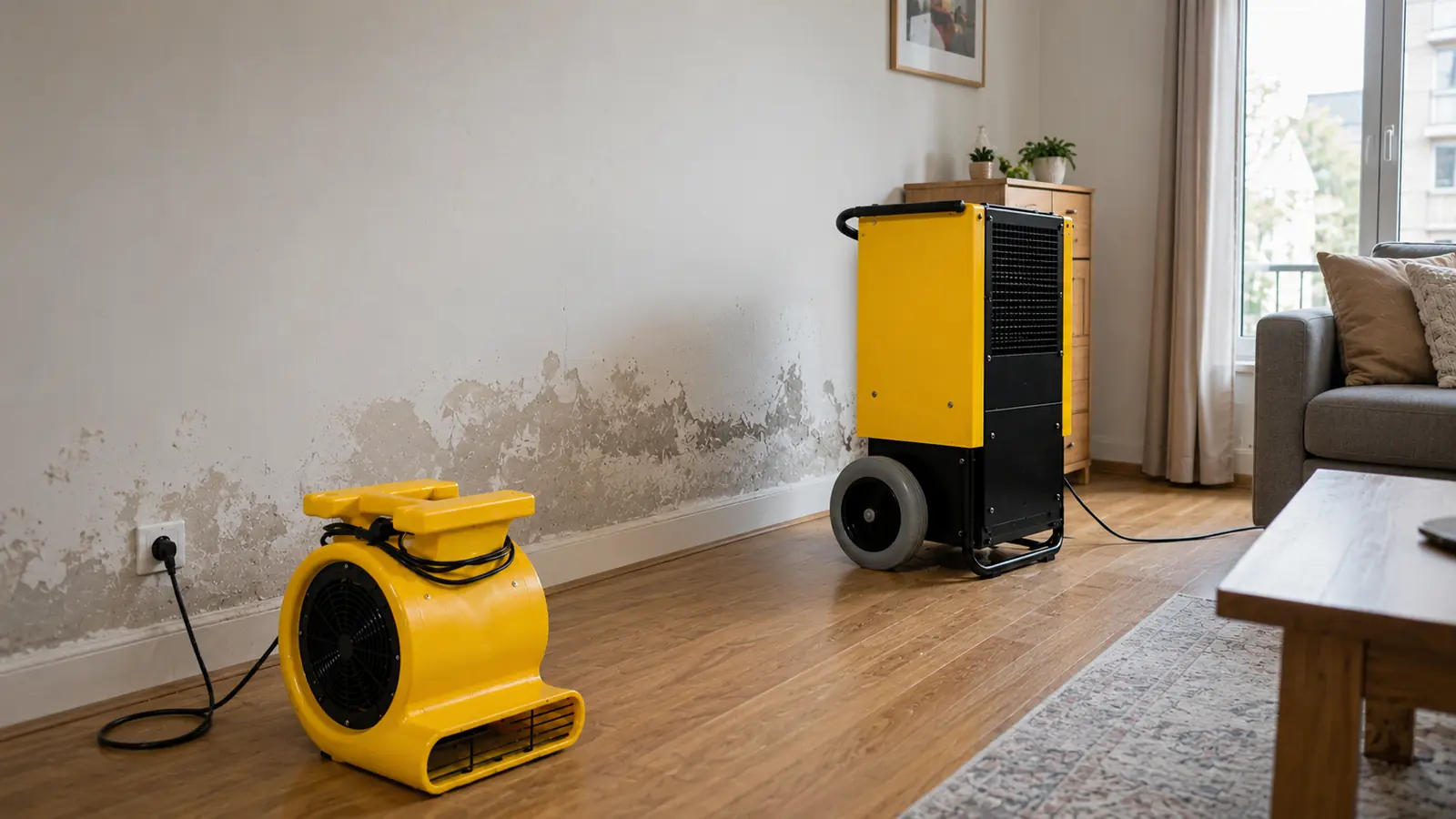 Professional Damp Drying in a Home Nemeks dehumidifier and air mover used for damp drying in a home