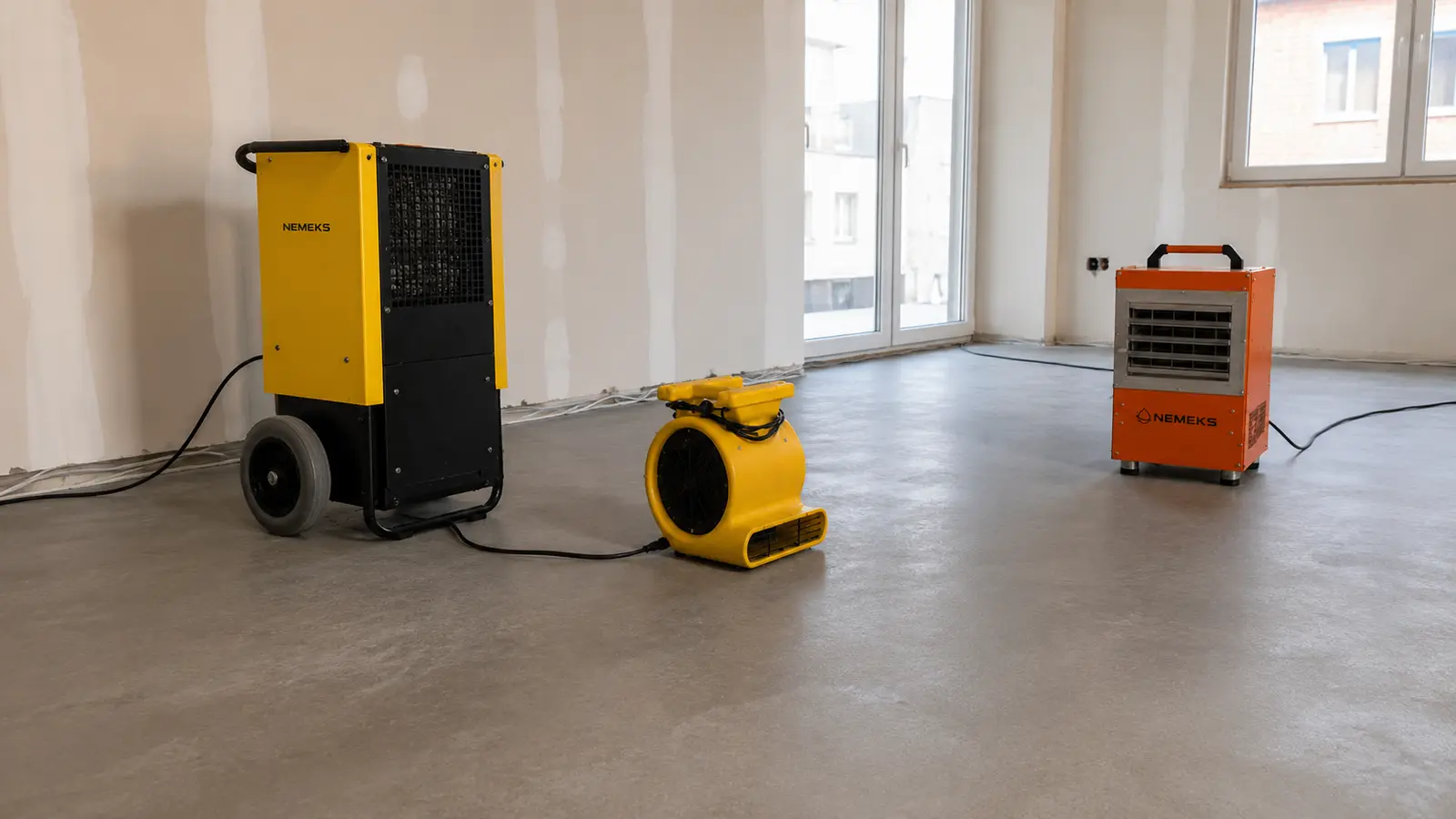 Şap zeminde Nemeks nem alma cihazı, turbo fan ve elektrikli ısıtıcıyla kontrollü kurutma