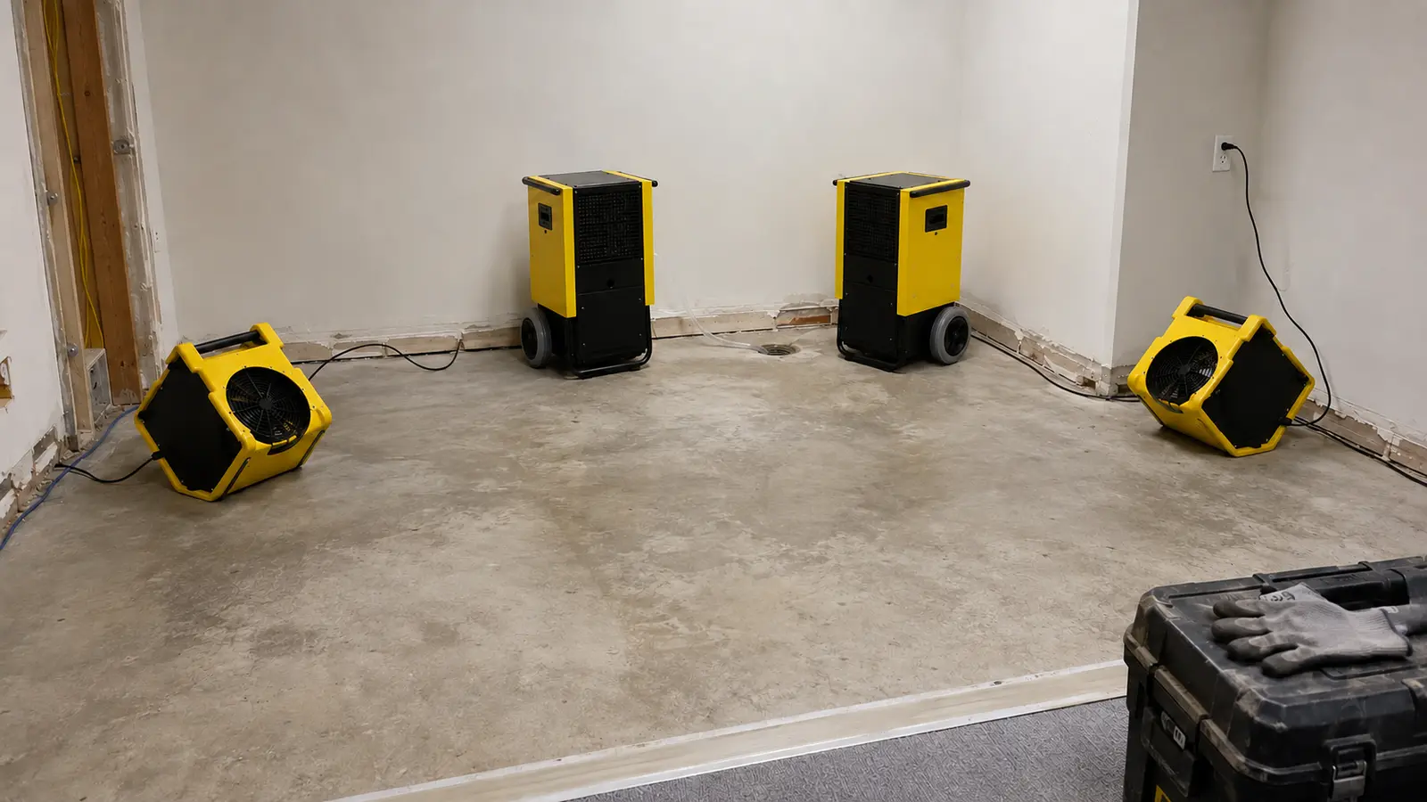 Controlled Floor Drying on Site Controlled floor drying with Nemeks dehumidifier and air movers at a renovation site