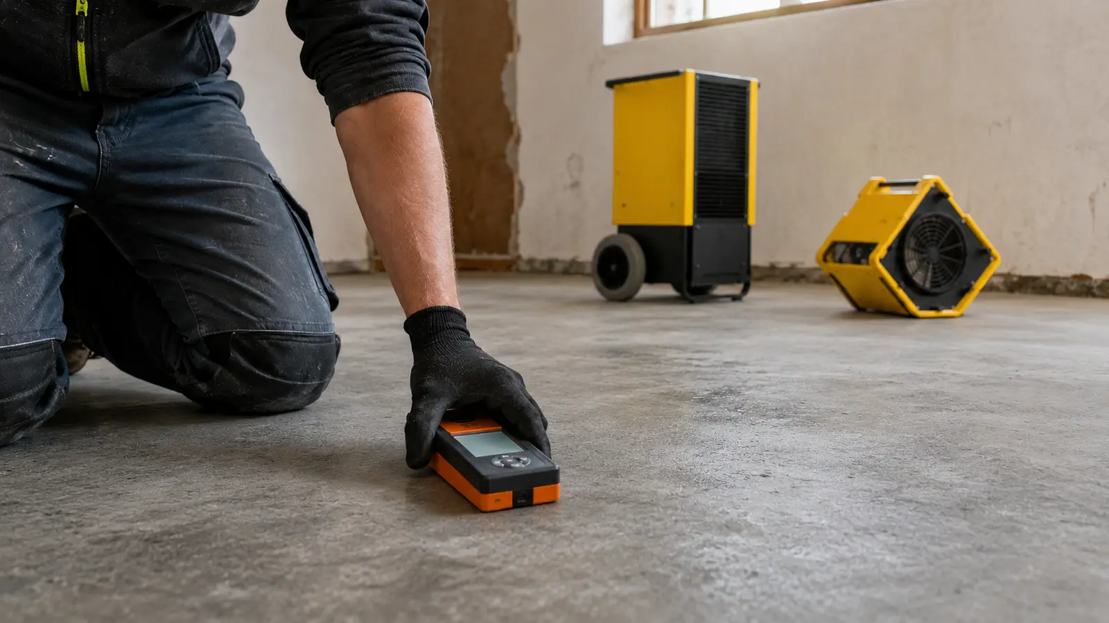 Floor Moisture Measurement Nemeks technician checking floor moisture before a new floor covering is installed